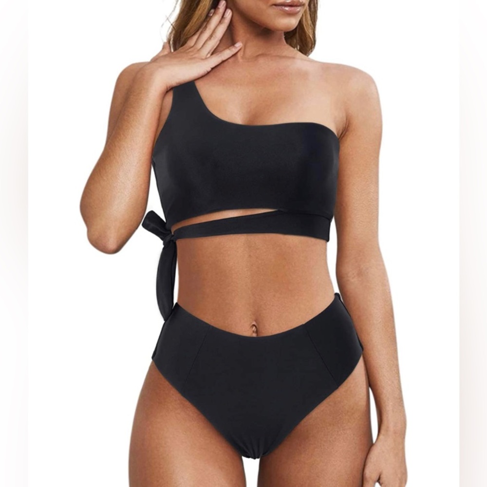 MOOSLOVER Women One Shoulder High Waisted Bikini Tie High Cut Two Piece Swimsuit